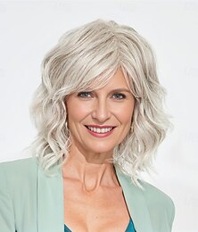 abordables -Perruque bob ondulée gris argenté pour femme, cheveux synthétiques réalistes, aspect naturel, résistants à la chaleur, longueur épaules, frange latérale, style élégant à porter au quotidien