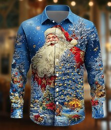 ieftine -Crăciun Bărbați Mos Craciun Brad de Crăciun cadou de Craciun Cămașă Camașă cu nasturi Manșon Lung Amuzant În aer liber Concediu Primăvară Toamnă Răsfrânt Imprimare 3D cămăși cu guler Albastru 3