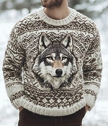 preiswerte -Herren Wolf Fair-Isle-Pullover Pullover Strickware Rundhalsausschnitt Lässig Urlaub Täglich 3D-Druck warm halten Langarm Frühling Herbst Winter Blau Purpur Braun