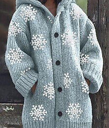 preiswerte -Damen Strickjacke Täglich Lässig Grafik Schneeflocken Gerippt Mit Kapuze Tasche Knöpfe Druck Langarm Lange Oberteile Stricken Outdoor Wochenende Blau Herbst Winter