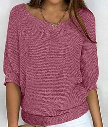 abordables -Femmes Pull Streetwear Occasionnel Couleur Unie Col ras du cou Tricoté Manche 3/4 Hauts Réguliers Tricoter Extérieur Quotidien Fête Rouge vin Noir Printemps Automne