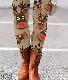 abordables -Femmes Leggings Vacances ancien Mode Longueur cheville Taille hautePantsNoël Graphique Renne Impression Chaleur Thermique Doux Respirant Élastique Formel Extérieur Vacances Rouge bordeaux Kaki