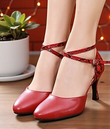 preiswerte -Damen-Ballsaal-Tanzschuhe mit roten Kreuzriemen und Absatz in Schlangenmuster – professionelle Latin-Tango-Salsa-Pumps für Gatsby-Partys und elegante Balltanzveranstaltungen