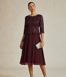 olcso -Női Midi ruha A vonalú ruha Elegáns Esküvői vendég Estély Normál Tömör szín Háromnegyedes Terített nyak Bor Tavasz Ősz Tél