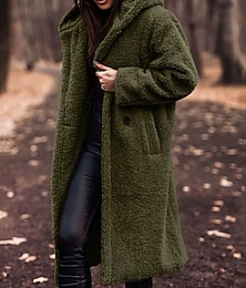 voordelige -Dames Winterjas Fleecejack Houd Warm Comfortabel Zak Knop Modieus Casual Effen Vakantie Straat Casual Alledaagse kleding Enkele rij knopen Lang Capuchon Normale pasvorm Lange mouw bovenkleding Leger