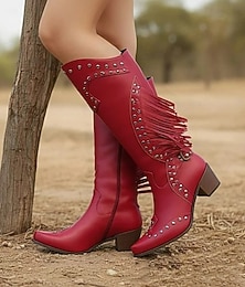 economico -stivali da cowboy western da donna con frange e dettagli borchiati, stivali vintage alti fino al ginocchio per abiti da rodeo e country