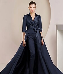 זול -חליפת פנסית אם הכלה אורחים של חתונה רשמית אלגנטיים צוואר חולצה באורך קרסול סטן שרוול קצר עם קשתות