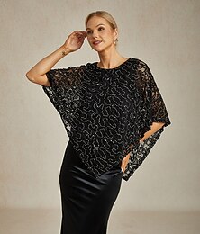 abordables -Femmes Poncho Hauts Élégants Hauts en dentelle Hauts de soirée Couleur Unie Élégant Sans manches Col ras du cou Hauts Réguliers robe demoiselle d honneur Tenue de soirée Soirée Paillettes Dentelle