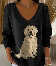 preiswerte -Damen Pullover Golden Retriever Mode Streetwear Casual Grafik Tier V-Ausschnitt Oversize Strick Langarm Normal Oberteile Strick Outdoor Alltag Schwarz Frühling Herbst