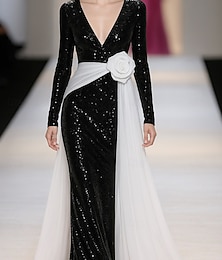 abordables -Robe de soirée fourreau/colonne noire et blanche à paillettes, élégante robe de soirée formelle, longueur au sol, manches longues, col en V, mousseline de soie avec paillettes 2025