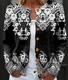 preiswerte -Damen Strickjacke Täglich Grafik Geometrisch Gerippt Rundhalsausschnitt Blumen Knöpfe Druck Langarm Normale Oberteile Stricken Outdoor Wochenende Schwarz Herbst Winter