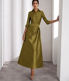 abordables -Robes de Cocktail Mère de la Mariée A-Ligne Élégantes Robes Formelles Invité de Mariage Longueur à la Cheville Manches Longues Col Chemise Taffeta avec Fente