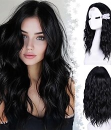 economico -Parrucche corte ondulate per donna, parrucca nera a caschetto, capelli sintetici dall'aspetto naturale, riga centrale frontale in pizzo, per acconciature quotidiane da 18 pollici