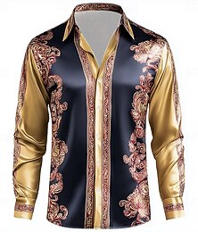 preiswerte -Herren Blumendruck Rose Blumen Hemd Satinhemd Kleidhemd Langarm Vintage-Retro Urlaub Alltagskleidung Sommer Frühling Herbst Umlegekragen 3D-Druck Hemden mit Knopfleiste Gold Dunkelblau