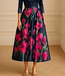 economico -abito da sera elegante con colletto a trapezio, abito formale da sposa, lunghezza midi, lunghezza tè, manica a 3/4, scollo a V, raso elasticizzato con stampa floreale 2025