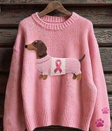 billiga -Dam Tröja Mode Ledigt Grafisk Djur Rund hals Stickat Långärmad Vanliga toppar Sticka Arbete Dagligen Rodnande Rosa Höst Vinter