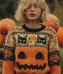 preiswerte -Damenpullover Vintage Pullover Pullover Alltag Casual Tier Kürbis gerippt Rundhalsausschnitt Strickdruck Langarm Normal Oberteile Strick Outdoor Halloween Orange Herbst Winter