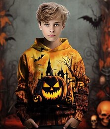 billiga -Halloween Pojkar 3D Pumpa Huvtröja Långärmad Vår Höst Mode Streetwear Barn 4-12 år Huva Utomhus Ledigt Dagligen Normal