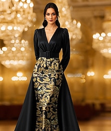 abordables -Robe de soirée trapèze noire, dorée et bleue, élégante, longueur au sol, col chemise à manches mi-longues, satin avec fentes et broderies appliquées, 2025