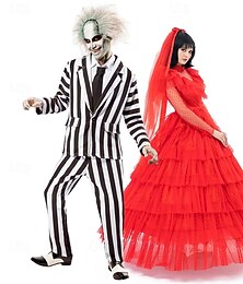 abordables -Mariée Fantôme Lydia Deetz Halloween Robe Costume élégant Costumes de Groupe pour Couples d'Halloween Beetlejuice Film d'horreur Robes S'habiller Adulte Couple Homme Femmes Halloween Carnaval