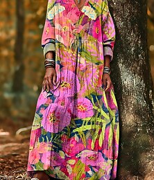 ieftine -Pentru femei Rochii Midi Rochie de schimb Vacanță Casual Boho Ieșire Plajă Potrivire Largă Floral Grafic Manșon Lung În V Galben Roz Îmbujorat Mov Primăvară Toamnă Iarnă