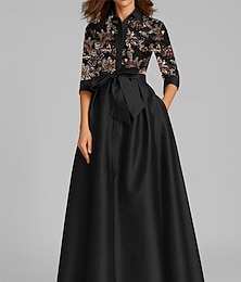 preiswerte -A-Linie Bodenlang Abendkleid Halbarm Hemdkragen Elegant Formell Hochzeitsgast Satin Brautmutterkleid mit Schleife(n) Paillette Applikationen