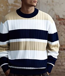 preiswerte -Herren Pullover Strickpullover Gerippt Stricken Normale Oberteile Gestrickt Farbblock Rundhalsausschnitt Mode Basic Urlaub Alltagskleidung Bekleidung Herbst Winter Grün Khaki S M L