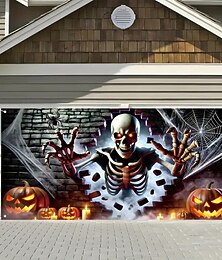 abordables -Couverture de porte de garage d'Halloween, bannière de crâne, citrouille et araignée, scène d'horreur de maison hantée, toile de fond effrayante, tapisserie pour mur extérieur, clôture, cour,