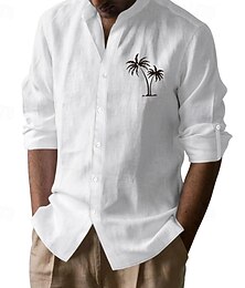 economico -Per uomo Camicia Camicia di lino Camicia casual Camicia con Bottoni Camicia di cotone Palma Vacanza Camicia hawaiana Nero Bianco Cachi Grigio Manica Lunga Colletto alla coreana Primavera Autunno
