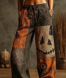 abordables -Femmes Culottes Jambe Large Jambe large Vacances ancien Style Ethnique Longueur complète Taille hautePantsHalloween Graphique Potiron Monstre Cordon de serrage Patchwork Impression Séchage Rapide