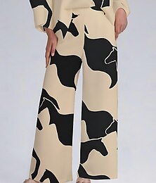 preiswerte -Damenhose mit weitem Bein, Satin, abstrakter geometrischer Druck, elastische Taille, plissiert, lässig, elegant, Frühling, Sommer, Herbst