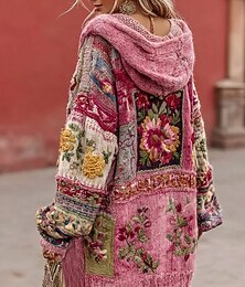 abordables -Femmes Cardigan Quotidien Occasionnel Fleuri Graphique Côtelé À capuche Patchwork Avec Poches Boutons manche longue Hauts Longs Tricoter Extérieur Week-end Rose Claire Automne Hiver