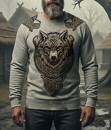 economico -Per uomo Maglia Nero Blu Grigio Girocollo Lupo Nodo celtico Stampato Casuale Quotidiano Ferie Vintage Vichingo Autunno Inverno Abbigliamento Felpe con cappuccio Felpe
