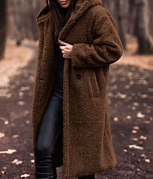 preiswerte -Damen Wintermantel Fleecejacke Warm Bequem Tasche Knöpfe Mode Lässig Einfach Urlaub Straße Lässig Alltagskleidung Einreihig Lang Mit Kapuze Normale Passform Langarm Oberbekleidung Braun Herbst Winter