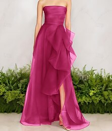 ieftine -Rochie de Seară A-Line Stil Celebritate Rochie Elegantă Invitată de Nuntă Lungime Pe Jos Fără Mâneci Un Umăr Organza cu Fustițe Răsucite Fanta