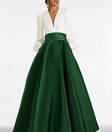 voordelige -A-lijn Tot de grond Avondjurken Baljurk  Formele kleding Elegant Zijdeachtig Lange mouw V-hals Formeel Bruiloft gast Satijn met Ruches