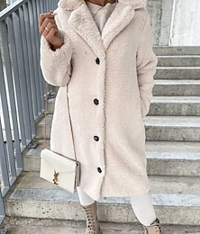 preiswerte -Damen Teddymantel Bequem Atmungsaktiv Knöpfe Lässig Einfach Urlaub Straße Lässig Alltagskleidung Einreihig Lang Umlegekragen Normale Passform Langarm Oberbekleidung Braun Khaki Aprikose Frühling