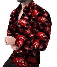 economico -Halloween Per uomo Teschi Camicia Camicia Estiva Camicia da Spiaggia Manica Lunga Hawaiano Casual Orrore Vacanza Streetwear Camicia hawaiana Primavera & Autunno Bavero Stampato Giallo Chiaro Rosso