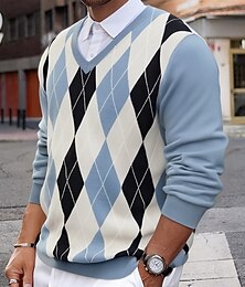 abordables -Homme Pull Pull Tricoté Côtelé Tricoter Hauts Réguliers Tricoté Plaid Col en V Mode Basique Vacances Tenue quotidienne Vêtement Tenue Automne Hiver Bleu clair S M L