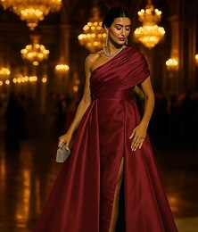 voordelige -A-lijn Strijksleep Avondjurken Baljurk met overrok Formele kleding Elegant Mouwloos Eén-schouder Formeel Bruiloft Stretchsatijn met Ruches Overrok