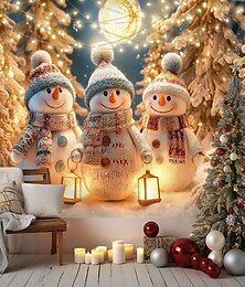 preiswerte -Weihnachtliche Wandteppich-Hintergrund golden leuchtende Schneemannfamilie mit Lichtern und Baum 2025 Xmas Winterwunderland Feiertags-Wandbehang für Schlafzimmer Wohnzimmer