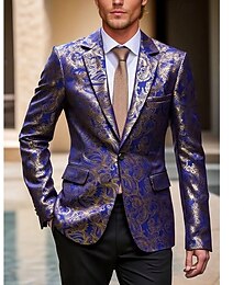 お買い得  -男性用 ブレザージャケット ノッチカラー パーティー フラワー プリント Blazer ブラック ルビーレッド ロイヤルブルー スリムフィット テイラーフィット シングルブレスト 一つボタン