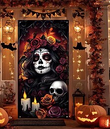 رخيصةأون -Halloween غطاء الباب لافتات خارجية هيكل عظمي المكسيك الظلام بانك القوطية حفلة الخارج خلفيات التصوير الباب الأمامي شرفة حائطية ديكورات حائط وباب وخلفية