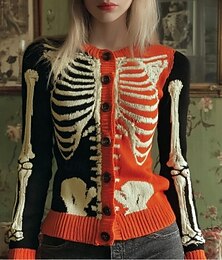 preiswerte -Damen Strickjacke Mode Täglich Lässig Grafik Skelett Gerippt Rundhalsausschnitt Knöpfe Druck Langarm Normale Oberteile Stricken Halloween Orange Frühling Herbst