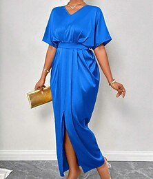 preiswerte -Damen Langes Kleid Maxikleid Partykleid Cocktailkleid Satinkleid Elegant Modern Party Abendgesellschaft Normale Passform Einfach Kurzarm V Ausschnitt Schwarz Gelb Königsblau Dunkelgrün Herbst Winter