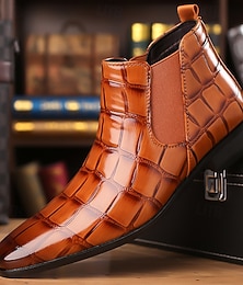 abordables -Bottines Chelsea marron à motif crocodile pour homme – bottines en similicuir avec empiècements latéraux élastiques, style vintage, idéales pour le bureau et le soir.