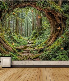 levne -krásný zelený les strom větev kruh díra krajina závěsný gobelín nástěnné umění velký gobelín nástěnná malba dekorace fotografie pozadí deka záclona domov ložnice obývací pokoj dekorace