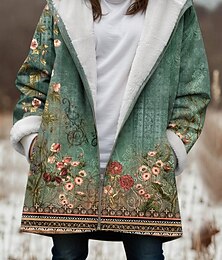 abordables -Mujer Chaqueta de lana Abrigo de peluche Chaqueta con capucha Mantiene abrigado Transpirable Cremallera Bolsillo Forrado con Lana Casual Floral Vacaciones Calle Casual Ropa Cotidiana Cremallera Largo