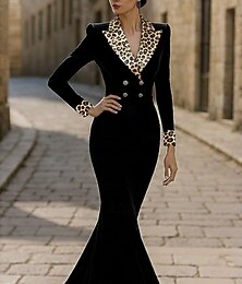 baratos -Vestido smoking Sereia Formal Veludo Elegante Manga Longa Longo Lapela Trespassado