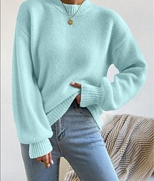 billiga -Dam Tröja Mode Ledigt Ren färg Ribbad Mock Neck Stickat Långärmad Vanliga toppar Sticka Utomhus Dagligen Helgen Blå Höst Vinter